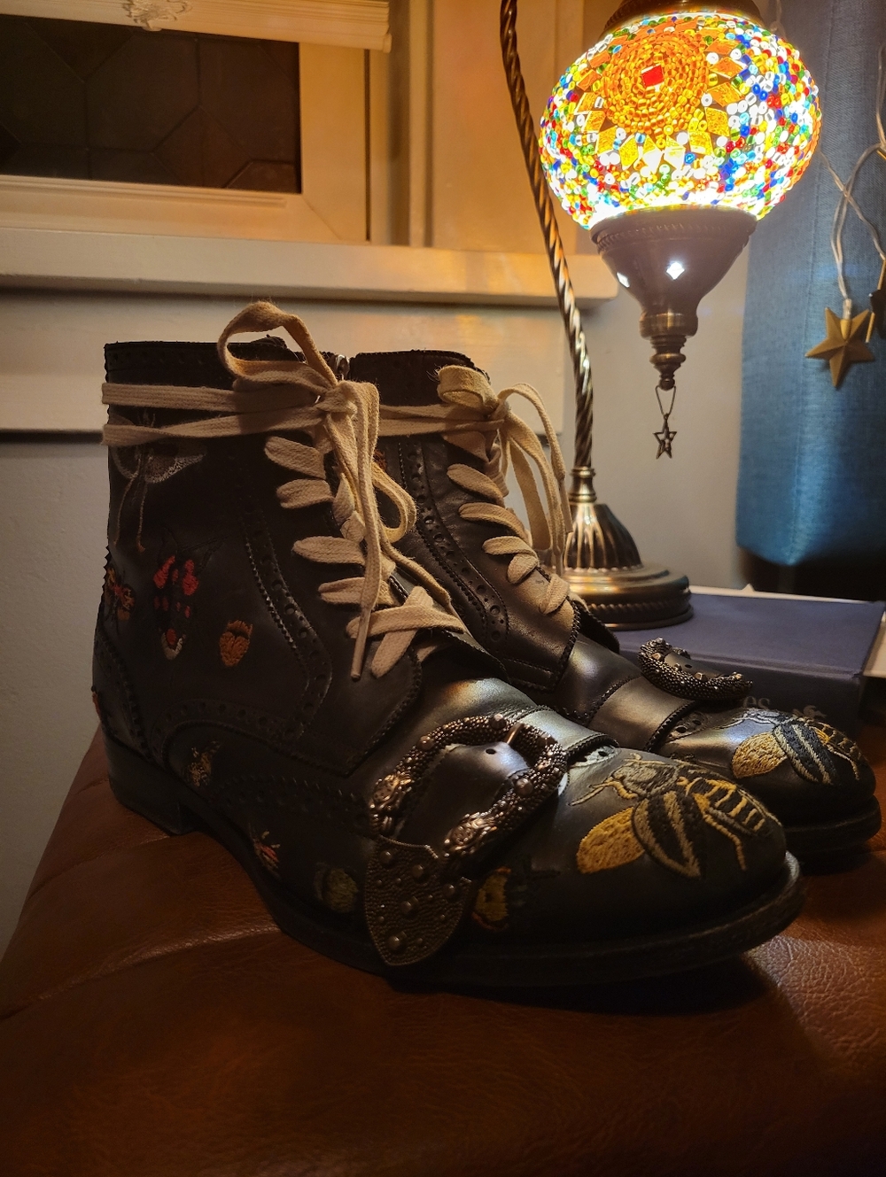 Gucci Queercore Dionysus Buckle Insect Embroidered Ankle Lace Up Boots